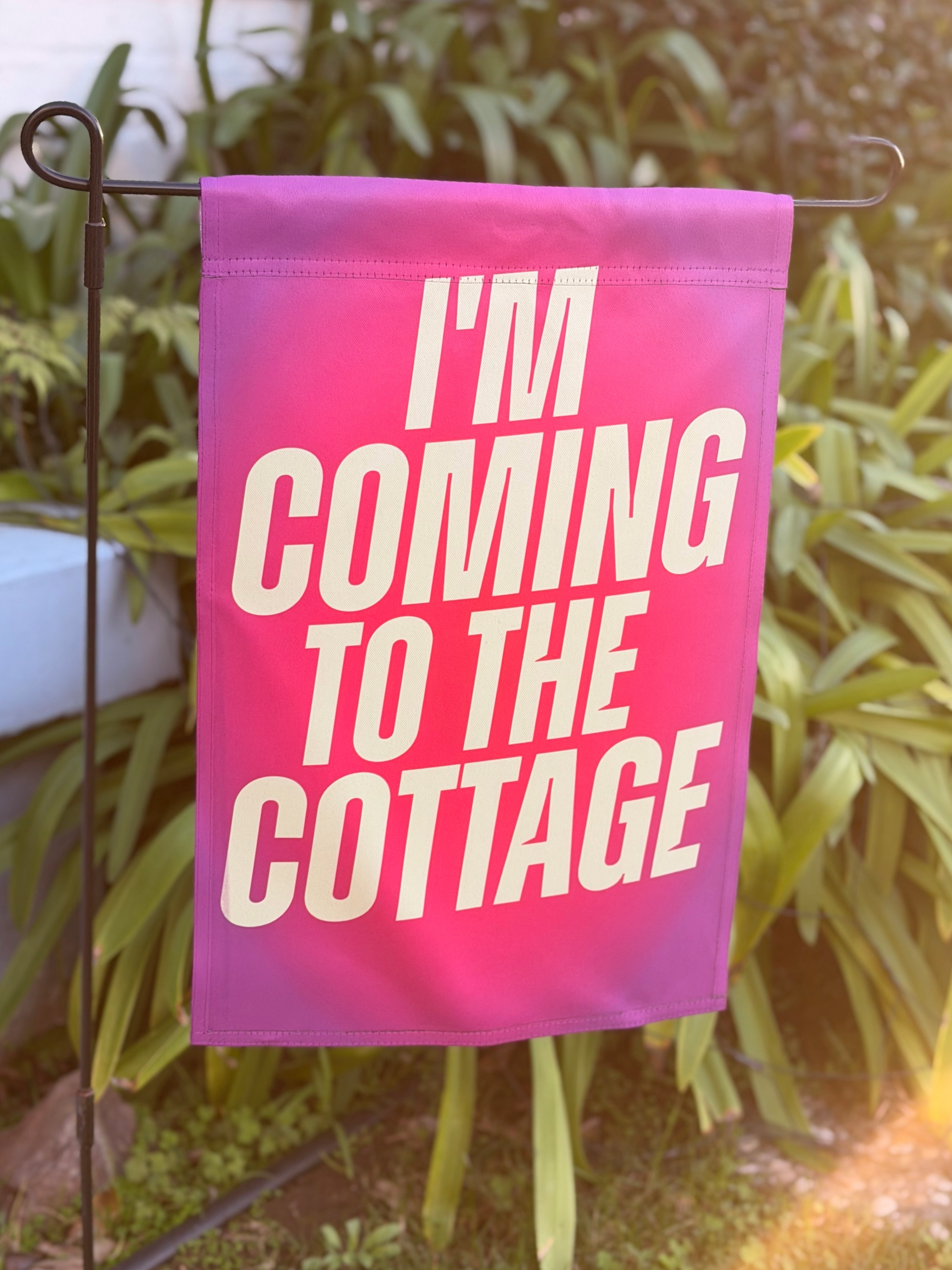 Pink and Purple Garden Flag that reads I'm coming to the cottage